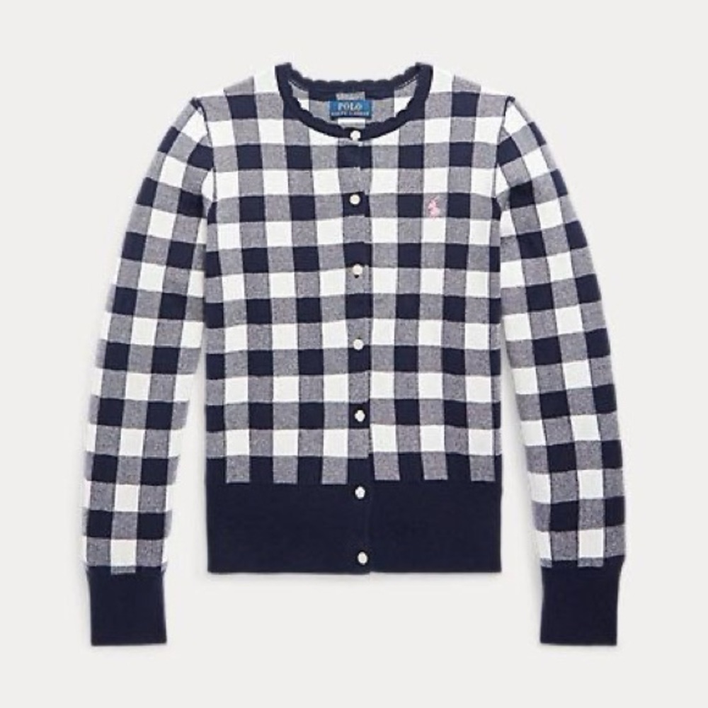 EUC Girls M(8-10) Ralph Lauren Polo Buffalo plaid, buttonup cardigan, navy+white